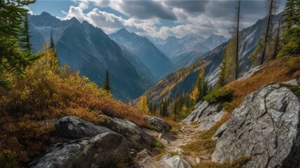 Fototapeta premium AI-generated illustration of a mountain landscape with autumn trees.