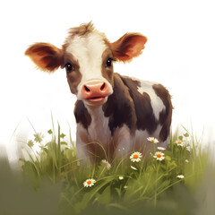 AI generated young bovine calf standing in the middle of a field with daisies