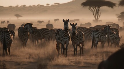 Fototapeta na wymiar AI-generated illustration of a herd of zebras in a wild savannah.