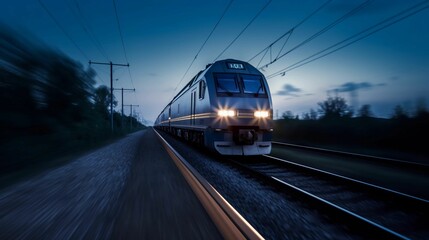 Naklejka premium AI-generated illustration of a modern train traveling along a railway track in the evening.
