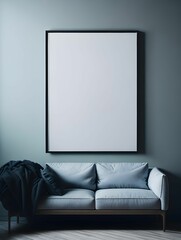 AI generated illustration of a white square frame on a blue wall next to a comfortable sofa