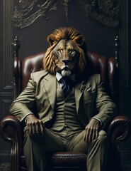 AI generated illustration of a powerful, majestic lion sitting in a luxurious, leather armchair