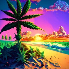 AI generated sunset overlooking a tranquil ocean and swaying palm trees