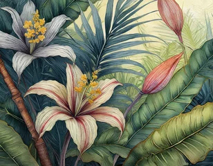 Papier peint Crâne aquarelle Retro Poster Background of Tropical plants