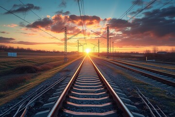 Fototapeta na wymiar Railroad tracks at beautiful sunset