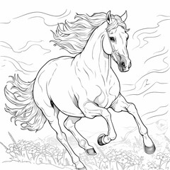 AI generated illustration of a magnificent horse running joyfully across lush meadow of wildflowers