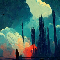 a man looking at a city from the side with huge buildings behind him