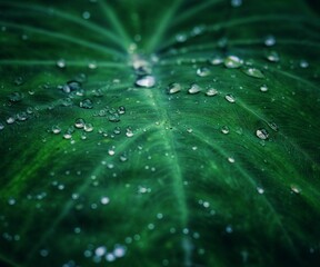 A closeup shot of a green leaf with water drops