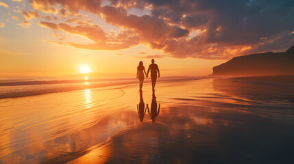 A couple holding hands, walking along a sandy beach during a magical sunset over the horizon