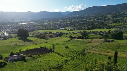 Scenic view of the countryside with lush green fields, houses and a mountain in the background