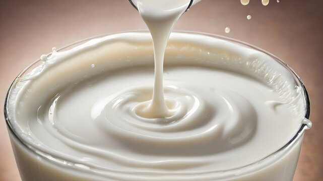 Appetizing image of pouring cream, milk on beige background. Background for presentation of products containing milk