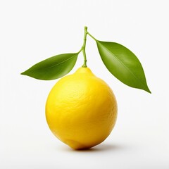 AI generated illustration of a vibrant yellow lemon with a lush green leaf on a white surface