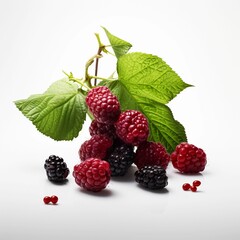 AI generated illustration of a cluster of ripe raspberries and blackberries with green leaves