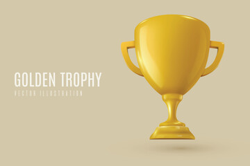 Golden 3D trophy cup, symbolizing victory and success. Vector design.