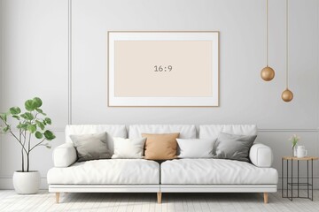 Cozy living room with an ornamental frame decorating the wall, AI-generated. - obrazy, fototapety, plakaty