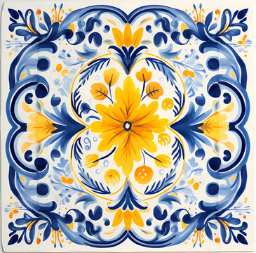 floral tiles in a blue and yellow watercolor ornate style