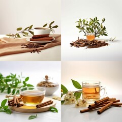AI generated illustration of a set of cups of various herbal tea with cinnamon