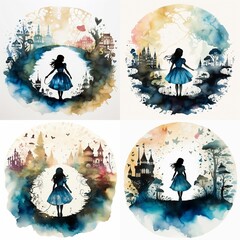 AI generated illustration of a set of a girl silhouette in vibrant watercolor