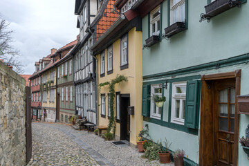 Historic half-timbered houses in Quedlinburg am Schlossberg, Saxony-Anhalt, Germany