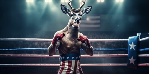 AI generated illustration of a deer dressed in boxing attire stands in a boxing ring - obrazy, fototapety, plakaty