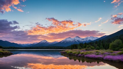 AI generated illustration of a stunning landscape featuring a tranquil lake
