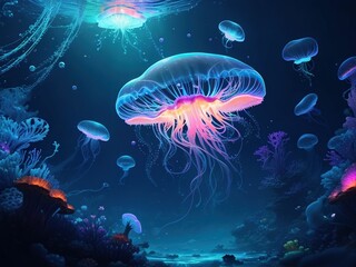 AI generated illustration of colorful jellyfish swimming in blue water