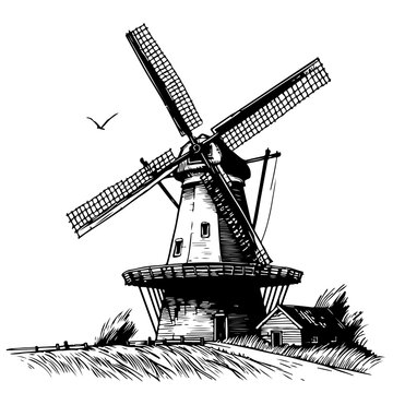 Hand-drawn realistic sketch of an old windmill, depicting an architectural vintage building