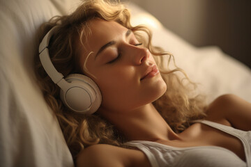 Photo image of a happy smiling person listening to relaxing calm classical music indoors created...