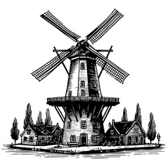 Hand-drawn realistic sketch of an old windmill, depicting an architectural vintage building