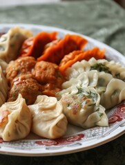 A plate of dumplings filled with different shapes and quantities of stuffed dumplings.