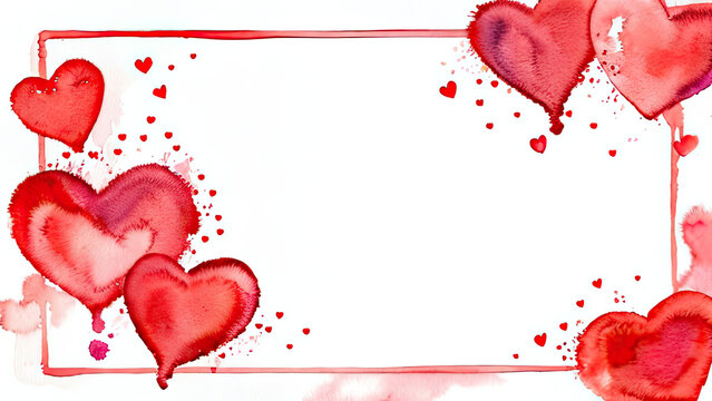 A red frame with hearts for the Valentine's Day holiday. High quality photo A red frame with hearts for the Valentine's Day holiday. A thin frame in watercolor technique. Illustration. there is a