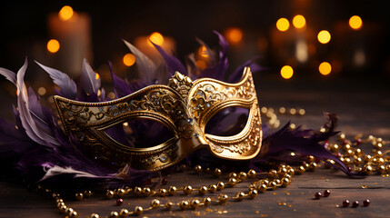 A gold carnival masquerade mask adorned with purple feathers, perfect for Mardi Gras festivities