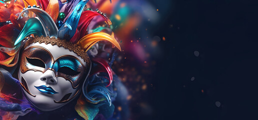 A vibrant Venetian carnival mask set against a striking blue background