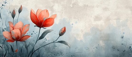 Retro Floral Beauty: Vintage Illustration of Colorful Blooming Tulip on Aged Paper Background with Grunge Stained Spots