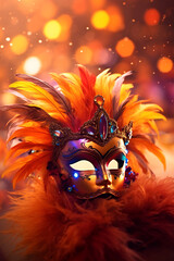 Golden masquerade mask with colorful feathers, set against a festive bokeh background, Mardi Gras