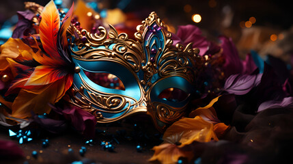 A carnival mask adorned with colored feathers, perfect for a masquerade and Mardi Gras celebrations - obrazy, fototapety, plakaty