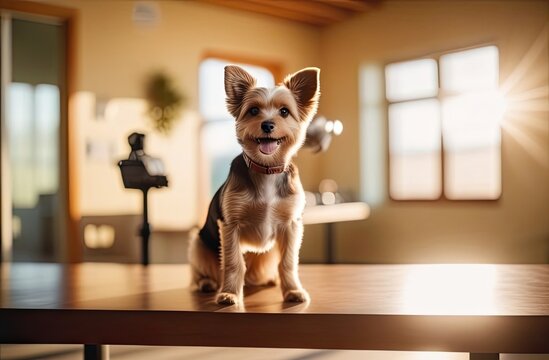 a small breed dog sitting on a table in a bright room. Pet care concept. Medicine concept. Animal hospital