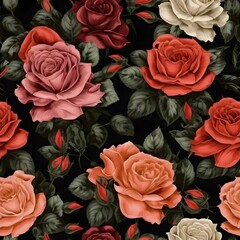 AI generated seamless illustration of multi-colored roses arranged against a black background