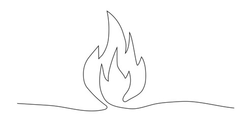 Fire line art continuous, bonfire doodle isolated on white background. Simple Burning flame