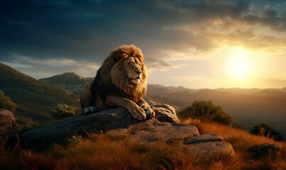 Lion sitting majestically atop a rocky outcropping at sunset, AI-generated. - obrazy, fototapety, plakaty