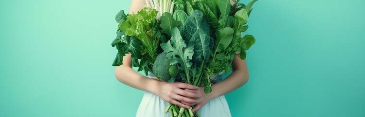 woman holding a beautiful bouquet made of green vegetables and herbs - obrazy, fototapety, plakaty