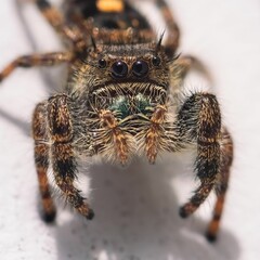 Close up of a Bold Jumping Spider (Phidippus audax) with spiky hair and metallic green fangs.