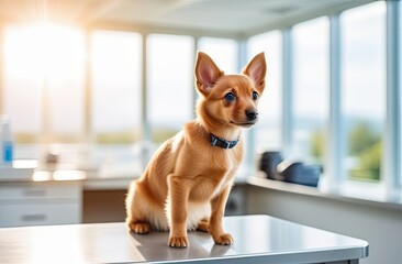 A small breed dog sits on a table in a veterinary clinic. Concept of medicine. Animal hospital