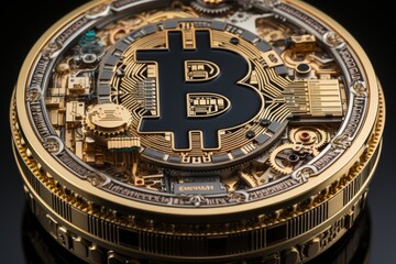 Close-up of shiny gold bitcoin physical cryptocurrency isolated on white background