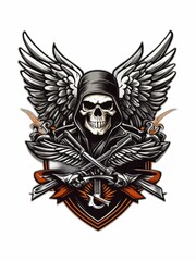 AI generated illustration of A black and white image of a winged skull wearing a hat and a hood