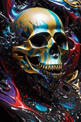 a skull is painted gold, blue and pink as it sits on a blanket