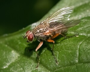 Closeup of a House Stable Fly (Muscidae) perched on a green leaf