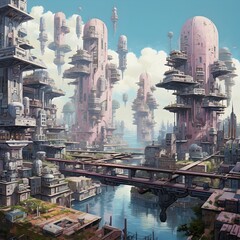 Fototapeta premium AI generated illustration of a futuristic landscape with various elements of science fiction