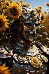 Fototapeta premium AI generated illustration of a steampunk samurai in field of sunflowers