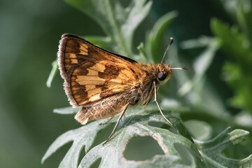 Fototapeta na wymiar Macro of Peck's Skipper Butterfly resting on a green leaf